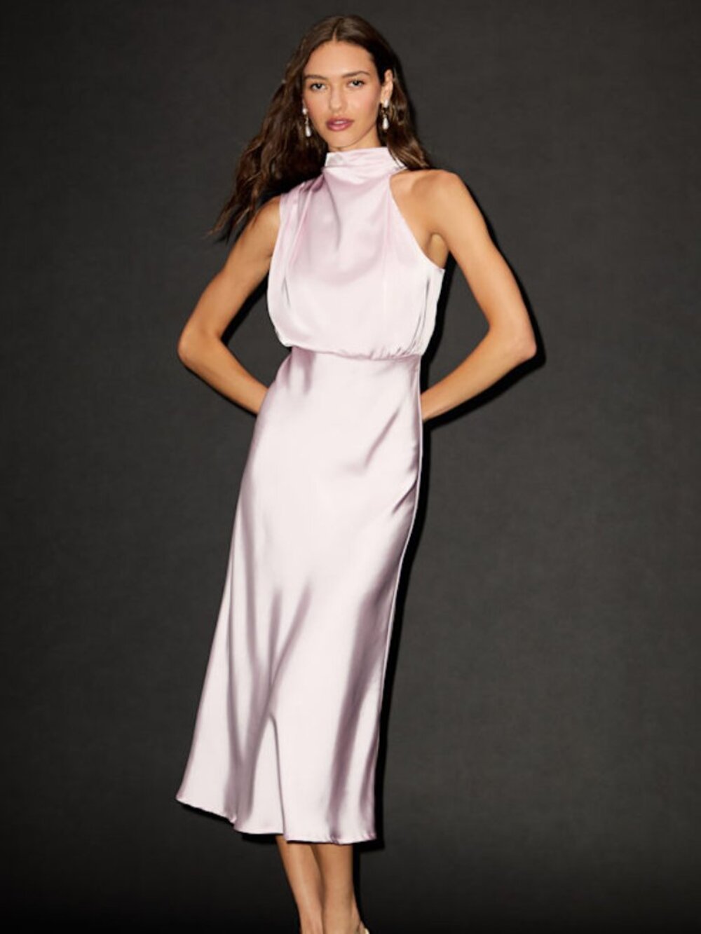 Lulu's Pale Pink Satin High-Neck Midi Dress